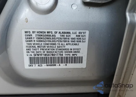 2007 Honda Pilot Exl z USA, uszkodzony, nr VIN 5FNYF185X7B017794